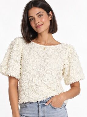 Anthropologie Maeve Presley 3D Floral Appliqué Blouse Ivory Medium